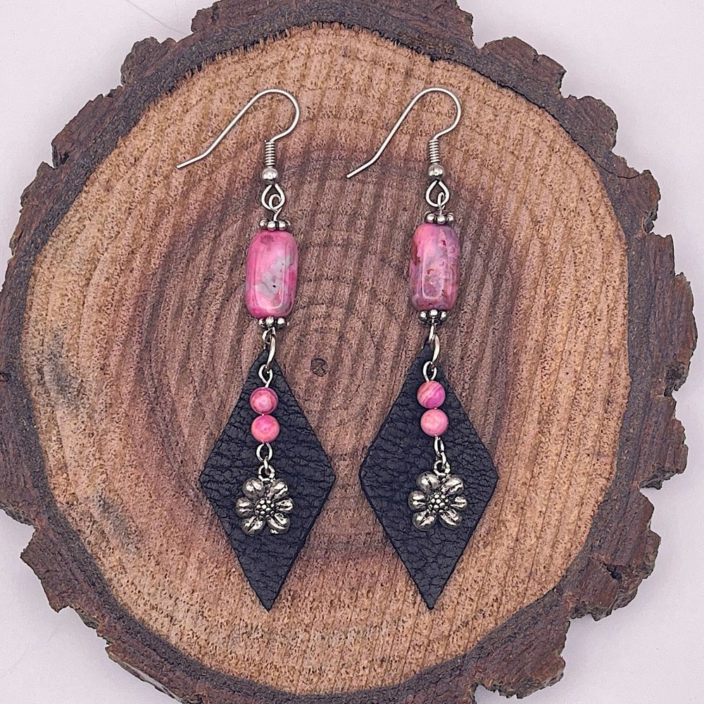 Leather Dangle Earrings Pink Crazy Lace Agate Antique Silver Flower Charm Beads